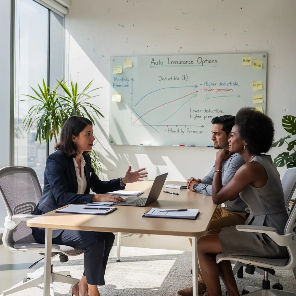 Zespół specjalistów omawia różne opcje ubezpieczenia samochodowego w biurze doradczym.